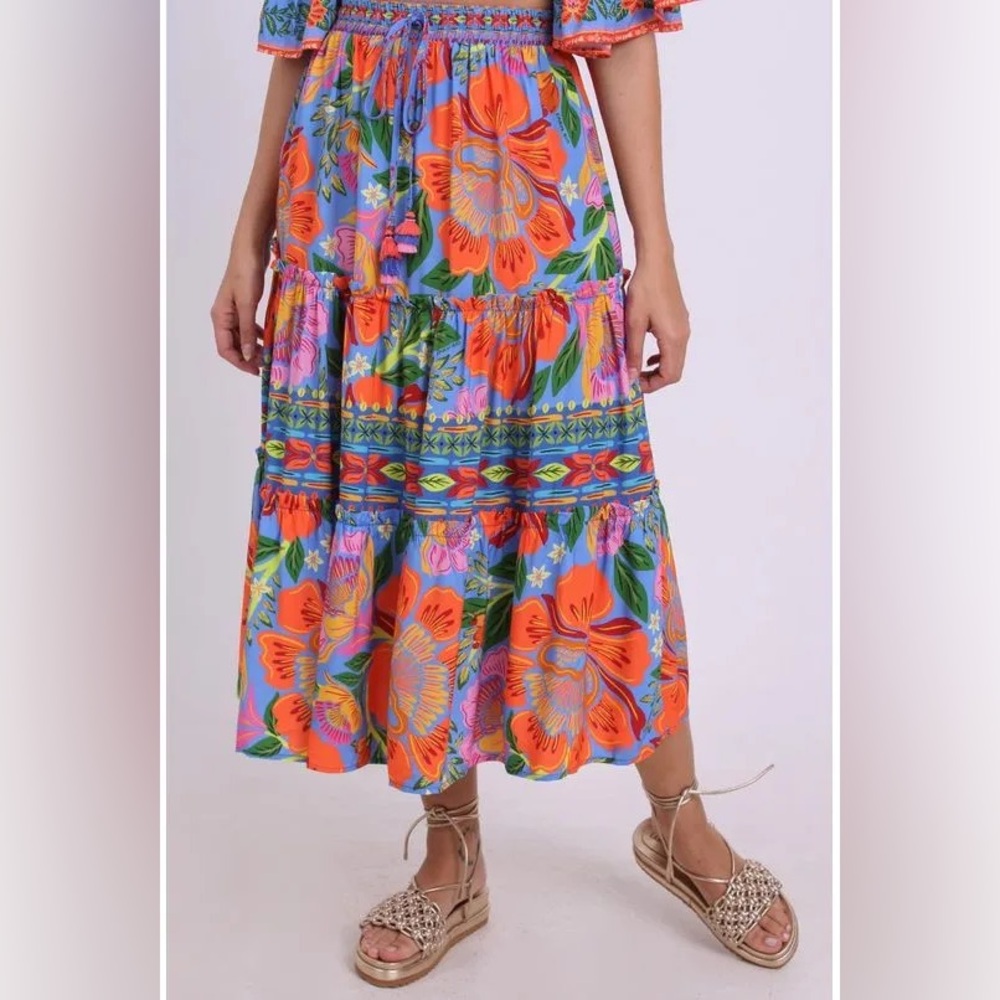 FARM Rio Orange and Blue Tiered Midi Skirt Resort Wear